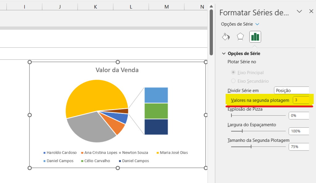 Valores na segunda plotagem do gráfico barra de pizza no Excel