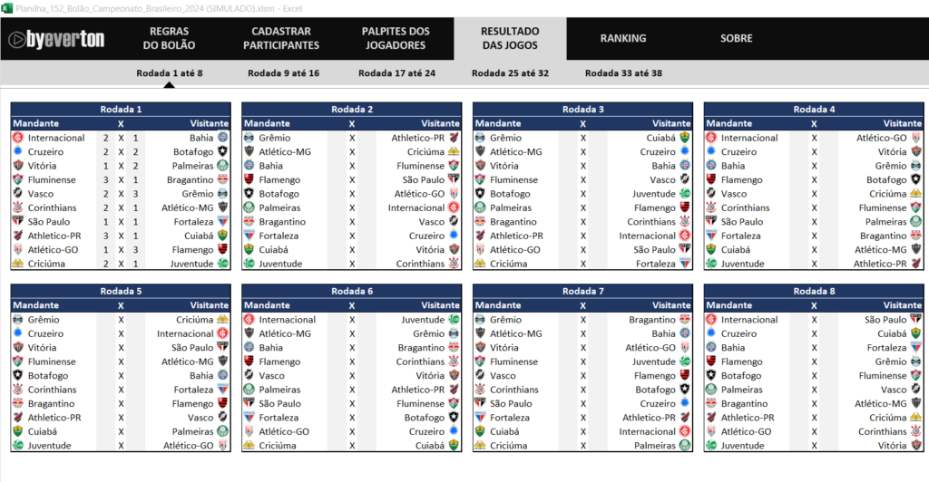 Resultados dos jogos - Planilha bolão do campeonato brasileiro 2024